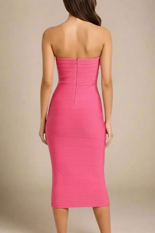 Woman wearing a figure flattering Aaliyah Bandage Midi Dress - Hot Pink BODYCON COLLECTION Pty Ltd