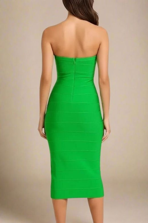 Woman wearing a figure flattering Aaliyah Bandage Midi Dress - Neon Green BODYCON COLLECTION Pty Ltd