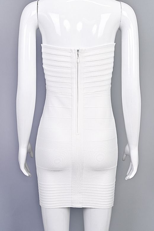 Woman wearing a figure flattering Aaliyah Bandage Mini Dress - White Pearl BODYCON COLLECTION