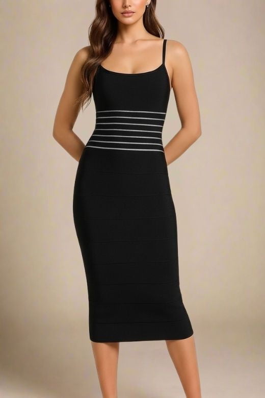 Woman wearing a figure flattering Abigail Bodycon Midi Dress - Classic Black BODYCON COLLECTION Pty Ltd
