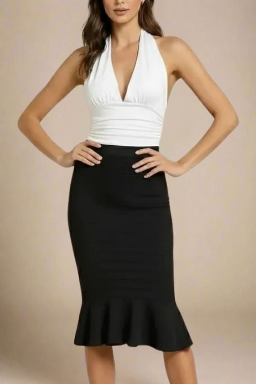 Woman wearing a figure flattering Aby Halter Neck Top - White Pearl BODYCON COLLECTION Pty Ltd