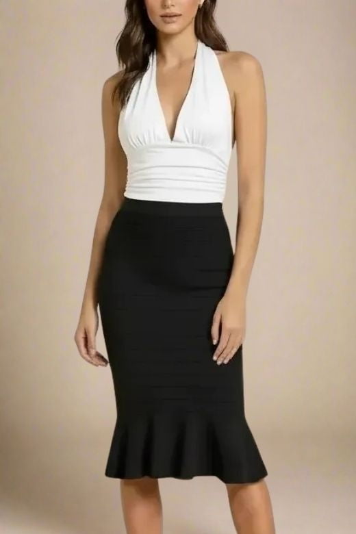 Woman wearing a figure flattering Aby Halter Neck Top - White Pearl BODYCON COLLECTION Pty Ltd