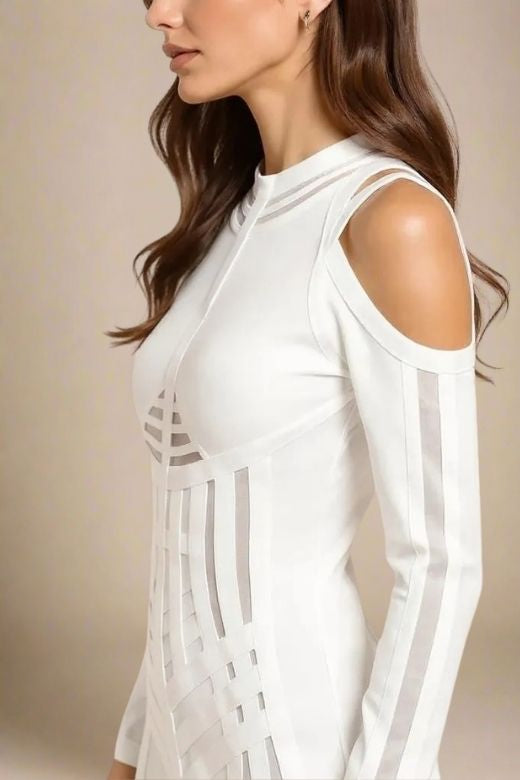 Woman wearing a figure flattering Amelia Long Sleeve Bandage Dress - Pearl White BODYCON COLLECTION