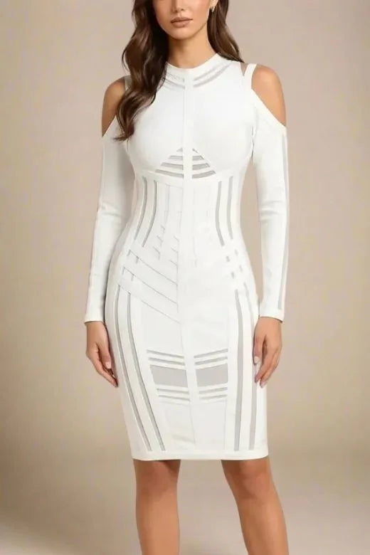 Woman wearing a figure flattering Amelia Long Sleeve Bandage Dress - Pearl White BODYCON COLLECTION