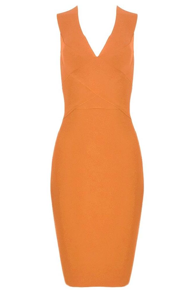 Woman wearing a figure flattering Ash Bandage Dress - Apricot Orange Bodycon Collection