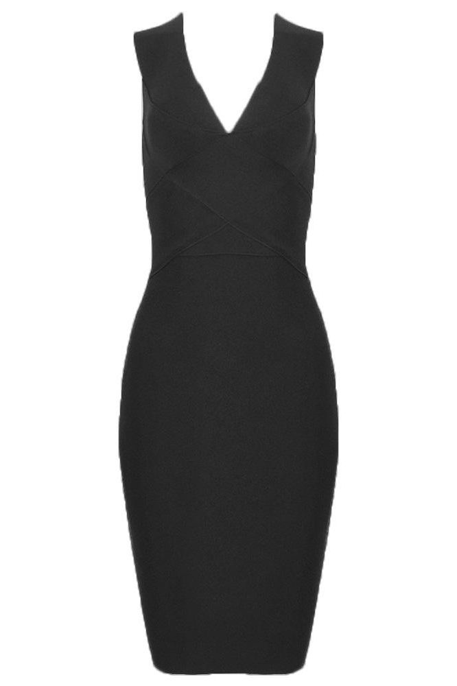 Woman wearing a figure flattering Ash Bandage Dress - Classic Black Bodycon Collection