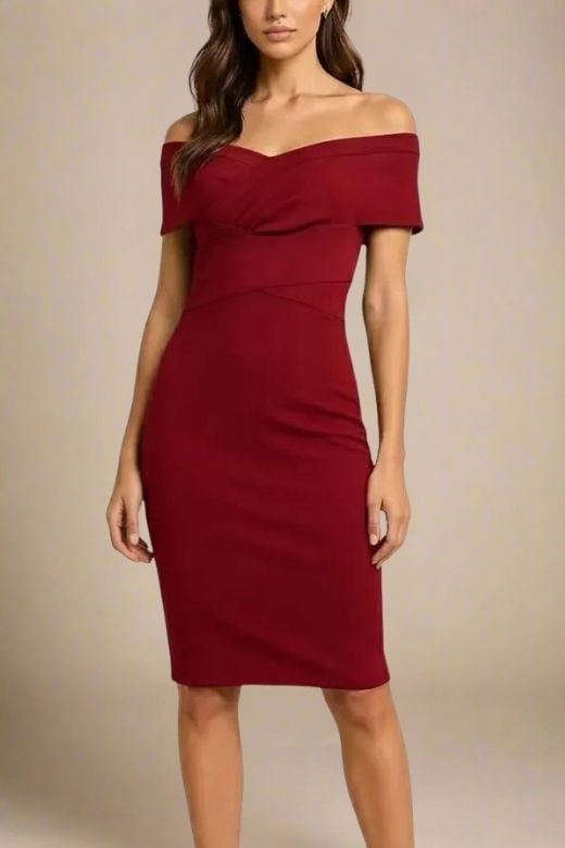 Woman wearing a figure flattering Bea Bandage Dress - Red Wine Bodycon Collection