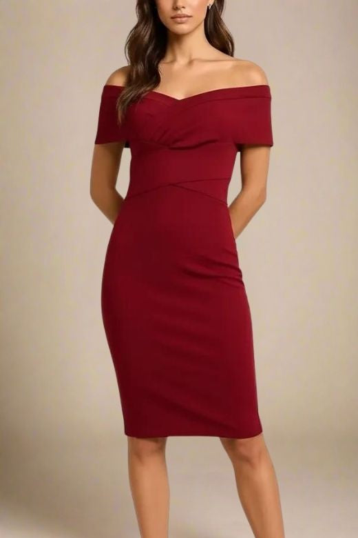 Woman wearing a figure flattering Bea Bandage Dress - Red Wine Bodycon Collection