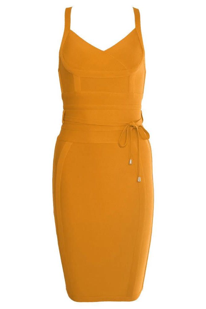 Woman wearing a figure flattering Bek Bandage Dress - Apricot Orange Bodycon Collection