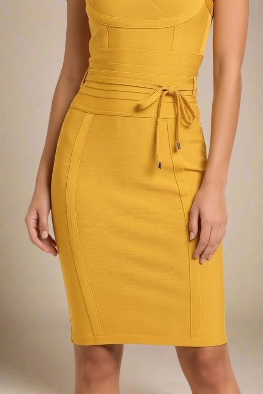 Woman wearing a figure flattering Bek Bandage Dress - Mustard Yellow Bodycon Collection