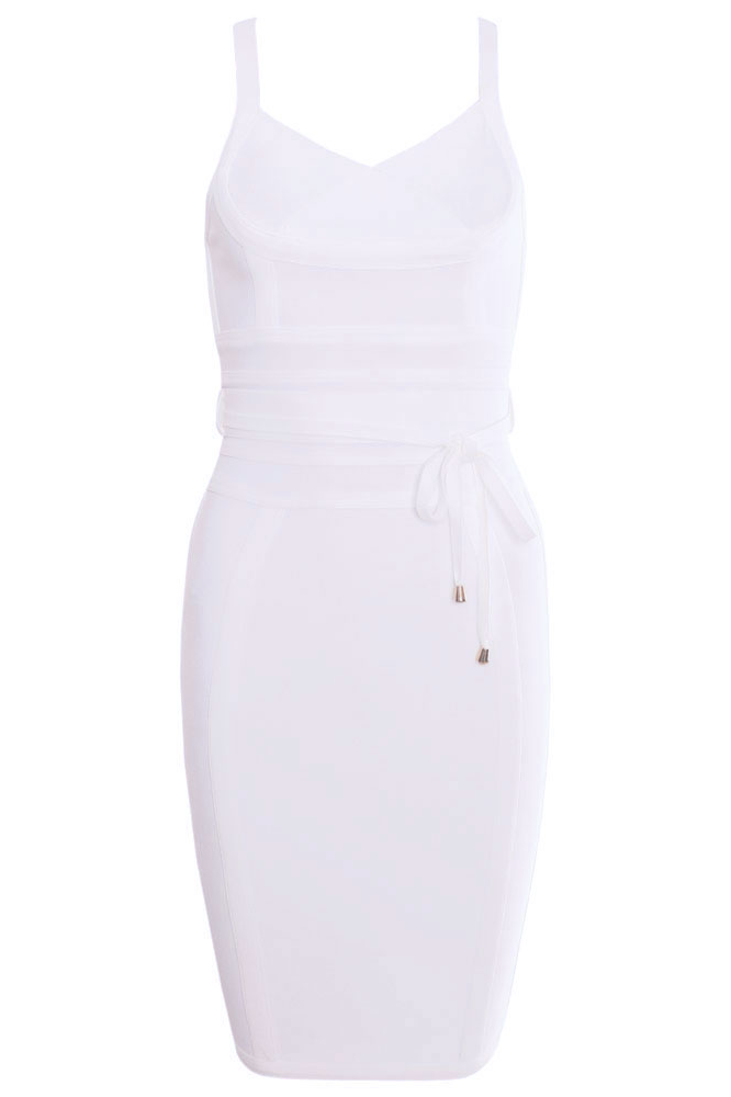 Woman wearing a figure flattering Bek Bandage Dress - Pearl White Bodycon Collection