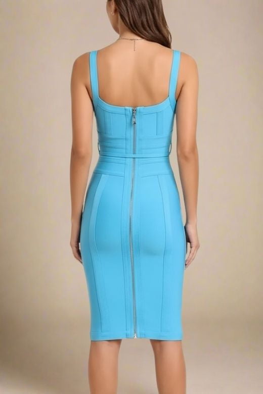 Woman wearing a figure flattering Bek Bandage Dress - Sky Blue Bodycon Collection