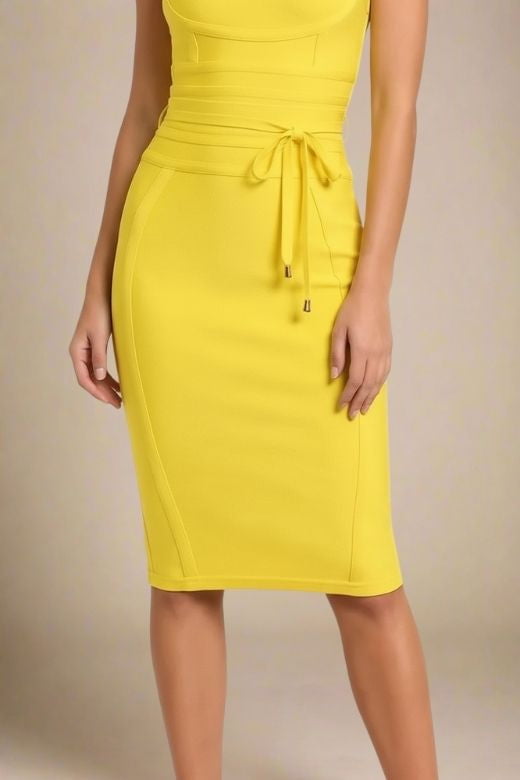 Woman wearing a figure flattering Bek Bandage Dress - Sun Yellow Bodycon Collection