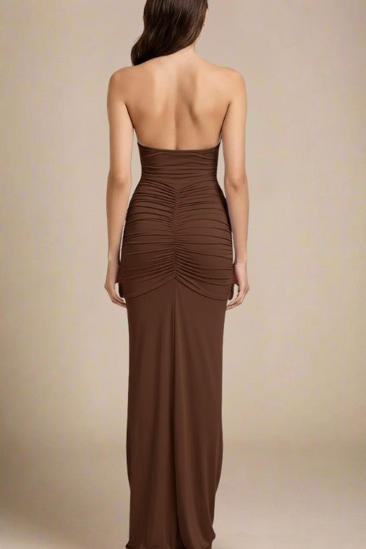 Woman wearing a figure flattering Bella Bodycon Wrap Maxi Dress - Tan Brown BODYCON COLLECTION Pty Ltd