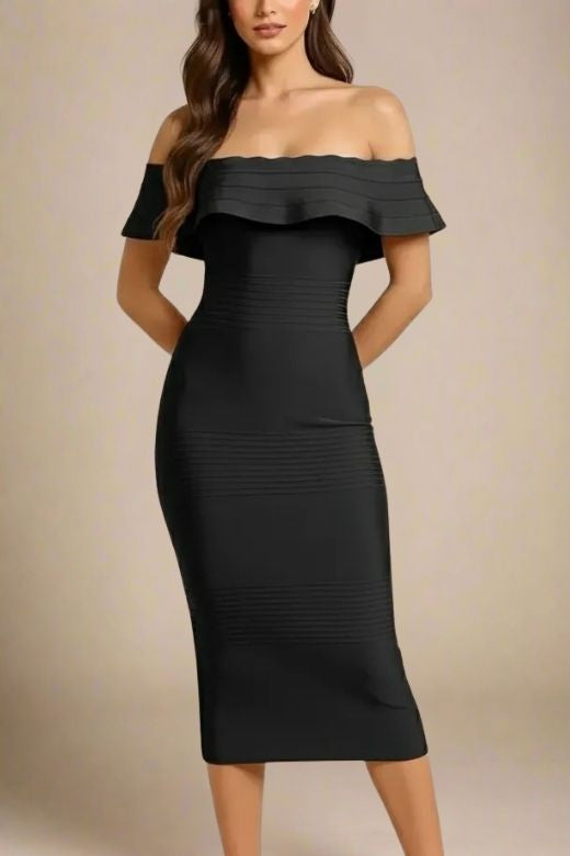Woman wearing a figure flattering Billie Bandage Midi Dress - Classic Black Bodycon Collection