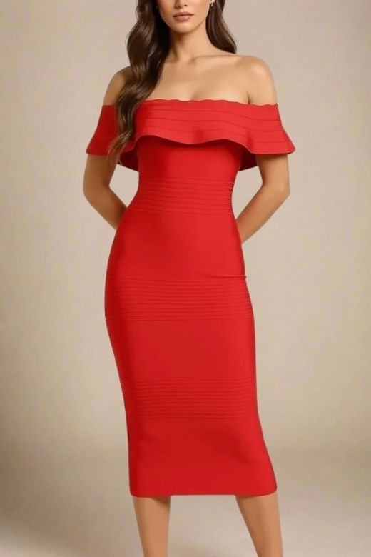 Woman wearing a figure flattering Billie Bandage Midi Dress - Lipstick Red Bodycon Collection