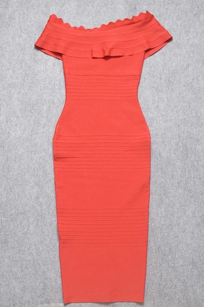 Woman wearing a figure flattering Billie Bandage Midi Dress - Lipstick Red Bodycon Collection
