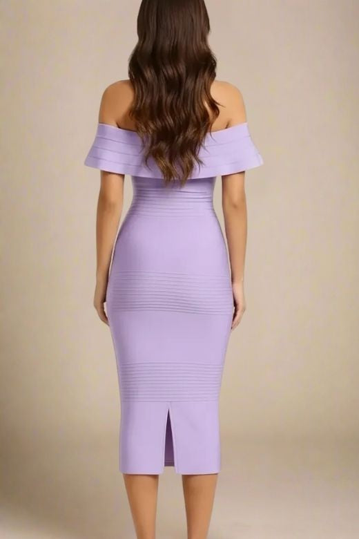 Woman wearing a figure flattering Billie Bandage Midi Dress - Violet Purple Bodycon Collection