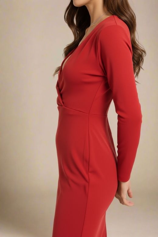 Woman wearing a figure flattering Blaire Long Sleeve Bandage Dress - Lipstick Red BODYCON COLLECTION