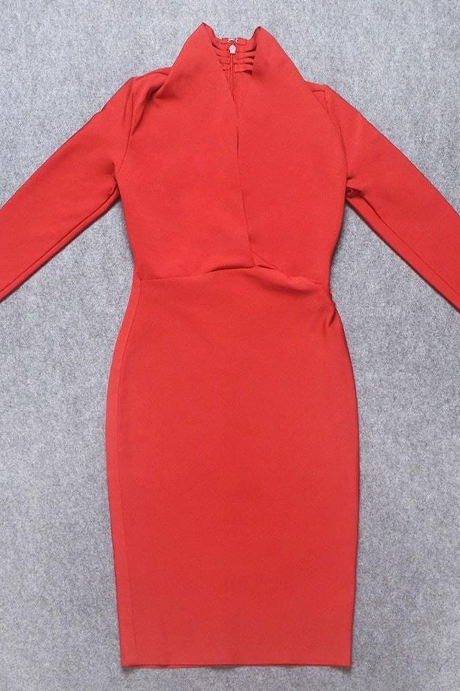 Woman wearing a figure flattering Blaire Long Sleeve Bandage Dress - Lipstick Red BODYCON COLLECTION