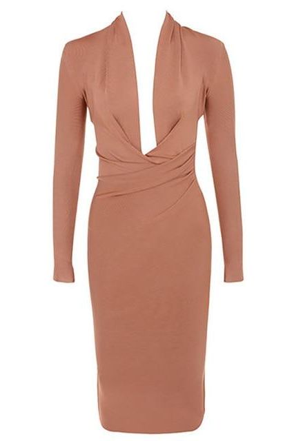 Woman wearing a figure flattering Blaire Long Sleeve Bandage Dress - Tan Brown BODYCON COLLECTION