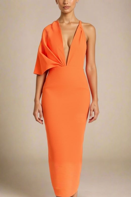 Woman wearing a figure flattering Blake Bandage Maxi Dress - Apricot Orange BODYCON COLLECTION