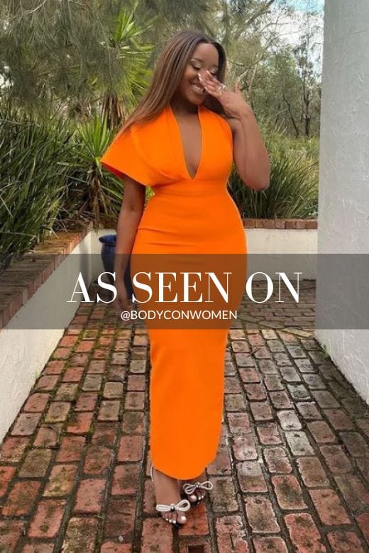 Woman wearing a figure flattering Blake Bandage Maxi Dress - Apricot Orange BODYCON COLLECTION