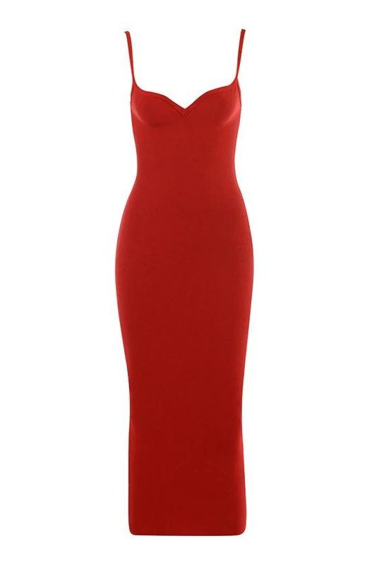 Woman wearing a figure flattering Blanche Bandage Midi Dress - Lipstick Red BODYCON COLLECTION