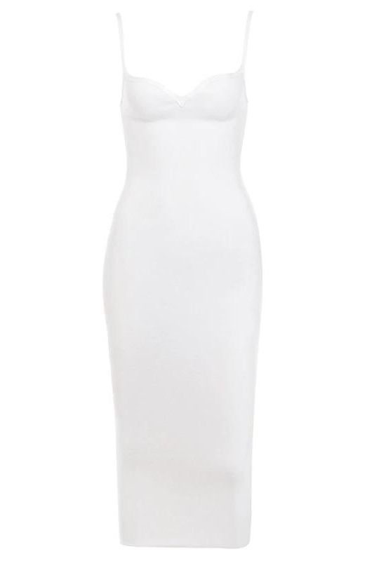 Woman wearing a figure flattering Blanche Bandage Midi Dress - Pearl White BODYCON COLLECTION