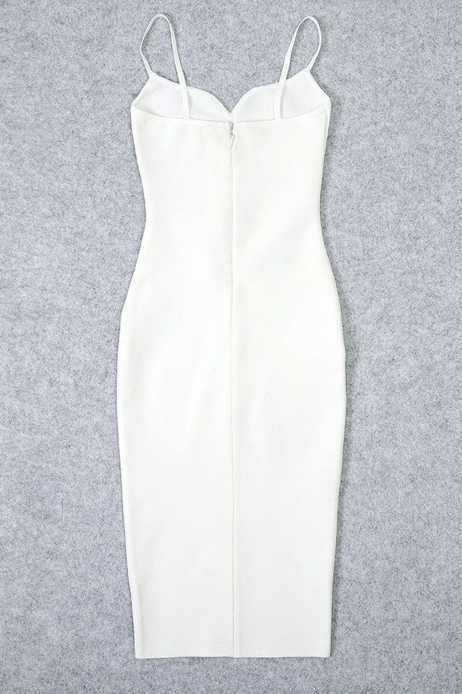 Woman wearing a figure flattering Blanche Bandage Midi Dress - Pearl White BODYCON COLLECTION