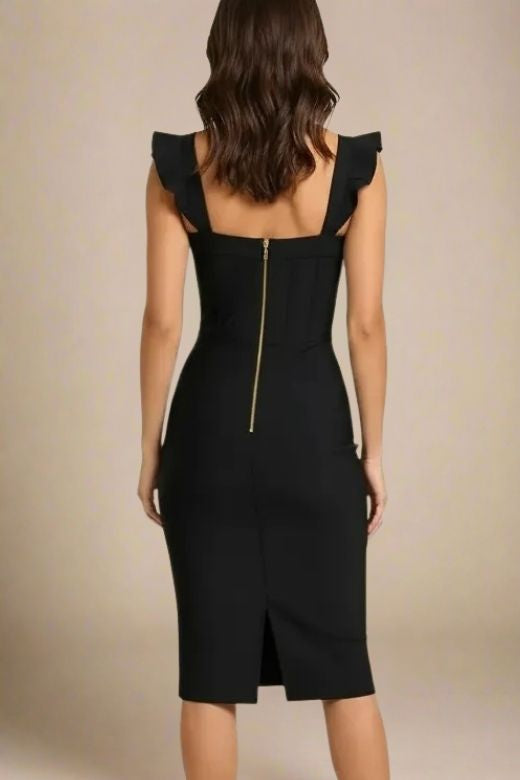 Woman wearing a figure flattering Bonnie Bandage Dress - Classic Black BODYCON COLLECTION Pty Ltd