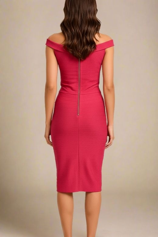 Woman wearing a figure flattering Breanna Bandage Dress - Chilli Red BODYCON COLLECTION