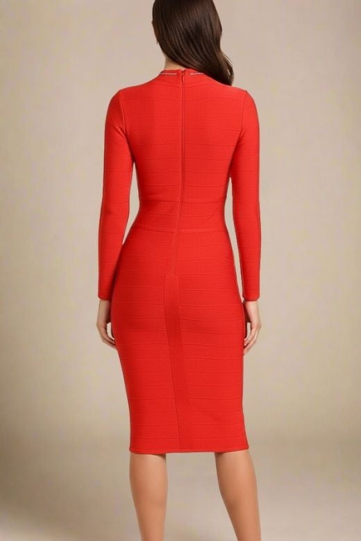Woman wearing a figure flattering Brooke Long Sleeve Bandage Dress - Lipstick Red BODYCON COLLECTION