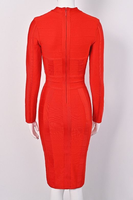 Woman wearing a figure flattering Brooke Long Sleeve Bandage Dress - Lipstick Red BODYCON COLLECTION