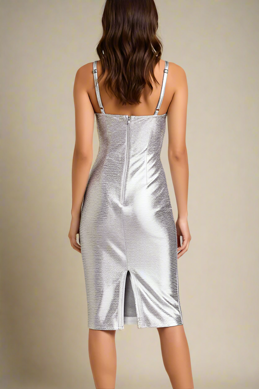 Woman wearing a figure flattering Camila Bandage Dress - Silver BODYCON COLLECTION Pty Ltd