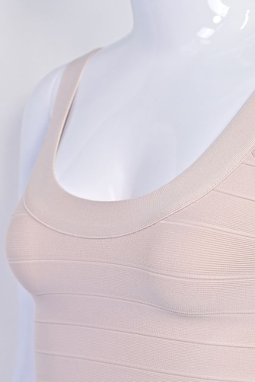 Woman wearing a figure flattering Cindy Bandage Mini Dress - Beige BODYCON COLLECTION Pty Ltd