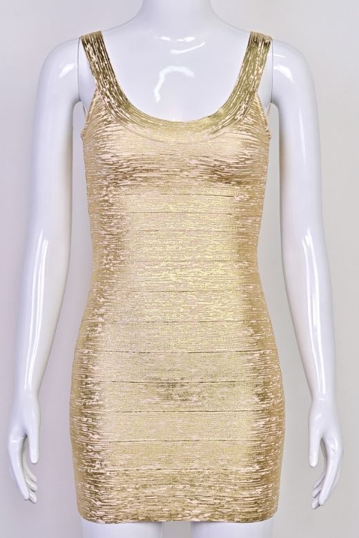 Woman wearing a figure flattering Cindy Bandage Mini Dress - Gold BODYCON COLLECTION Pty Ltd