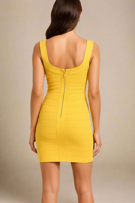 Woman wearing a figure flattering Cindy Bandage Mini Dress - Mustard Yellow BODYCON COLLECTION Pty Ltd