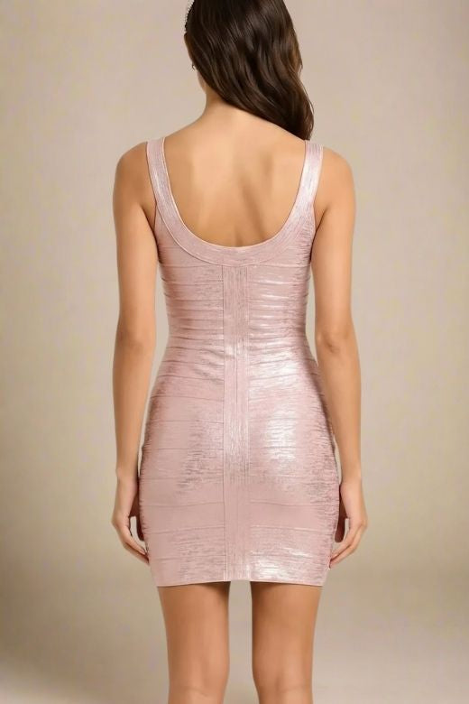 Woman wearing a figure flattering Cindy Bandage Mini Dress - Rose BODYCON COLLECTION Pty Ltd