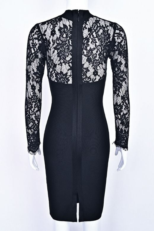 Woman wearing a figure flattering Elia Long Sleeve Bandage Dress - Classic Black BODYCON COLLECTION Pty Ltd