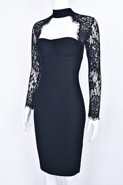 Woman wearing a figure flattering Elia Long Sleeve Bandage Dress - Classic Black BODYCON COLLECTION Pty Ltd