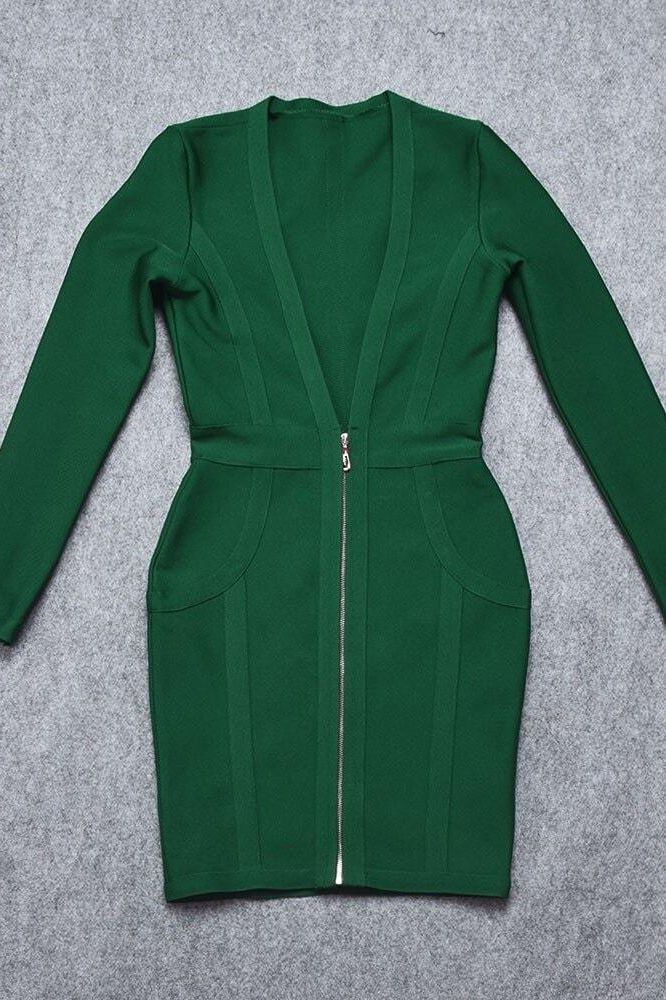 Woman wearing a figure flattering Eva Long Sleeve Bandage Mini Dress - Emerald Green BODYCON COLLECTION