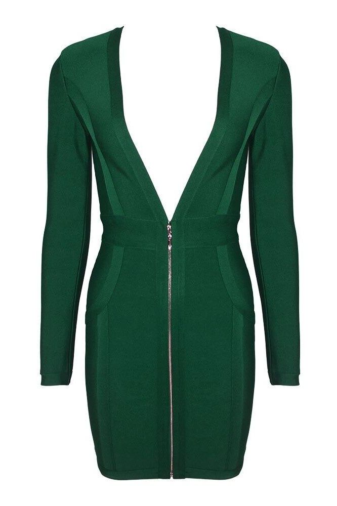 Woman wearing a figure flattering Eva Long Sleeve Bandage Mini Dress - Emerald Green BODYCON COLLECTION