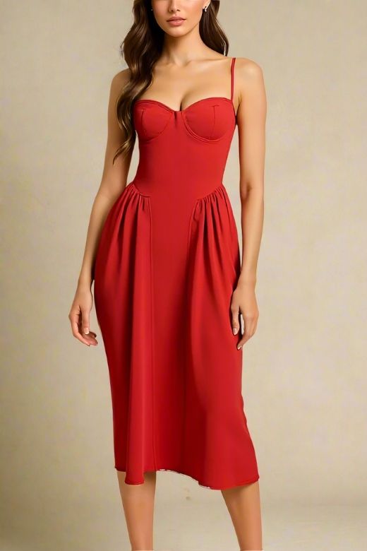 Woman wearing a figure flattering Everly Midi Dress - Lipstick Red BODYCON COLLECTION