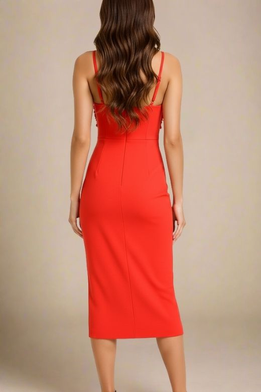 Woman wearing a figure flattering Faye Bandage Midi Dress - Lipstick Red BODYCON COLLECTION