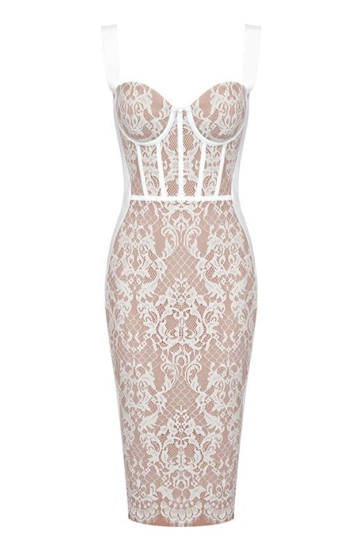 Woman wearing a figure flattering Genevieve Bodycon Lace Midi Dress - Pearl White BODYCON COLLECTION