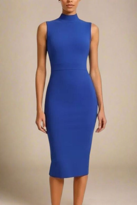 Woman wearing a figure flattering Grace Bandage Midi Dress - Navy Blue Bodycon Collection