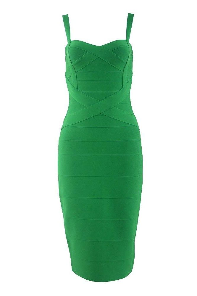 Woman wearing a figure flattering green party dress Heidi Bandage Midi Dress - Emerald Green Bodycon Collection