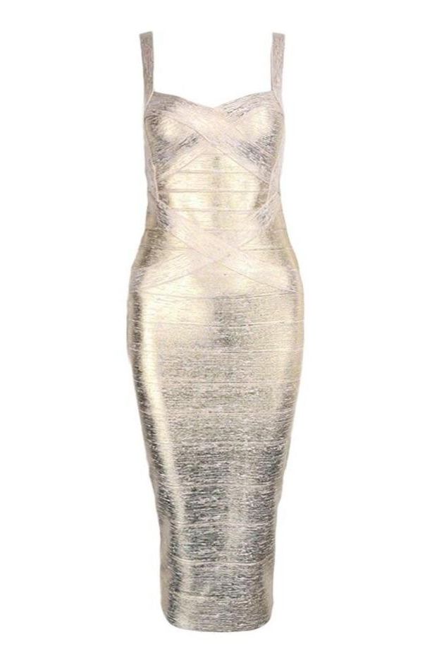 Woman wearing a gold party dress Heidi Bandage Midi Dress - Gold BODYCON COLLECTION