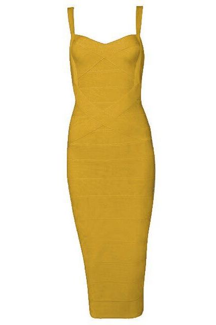 Woman wearing a mustard yellow party dress Heidi Bandage Midi Dress - Mustard Yellow Bodycon Collection